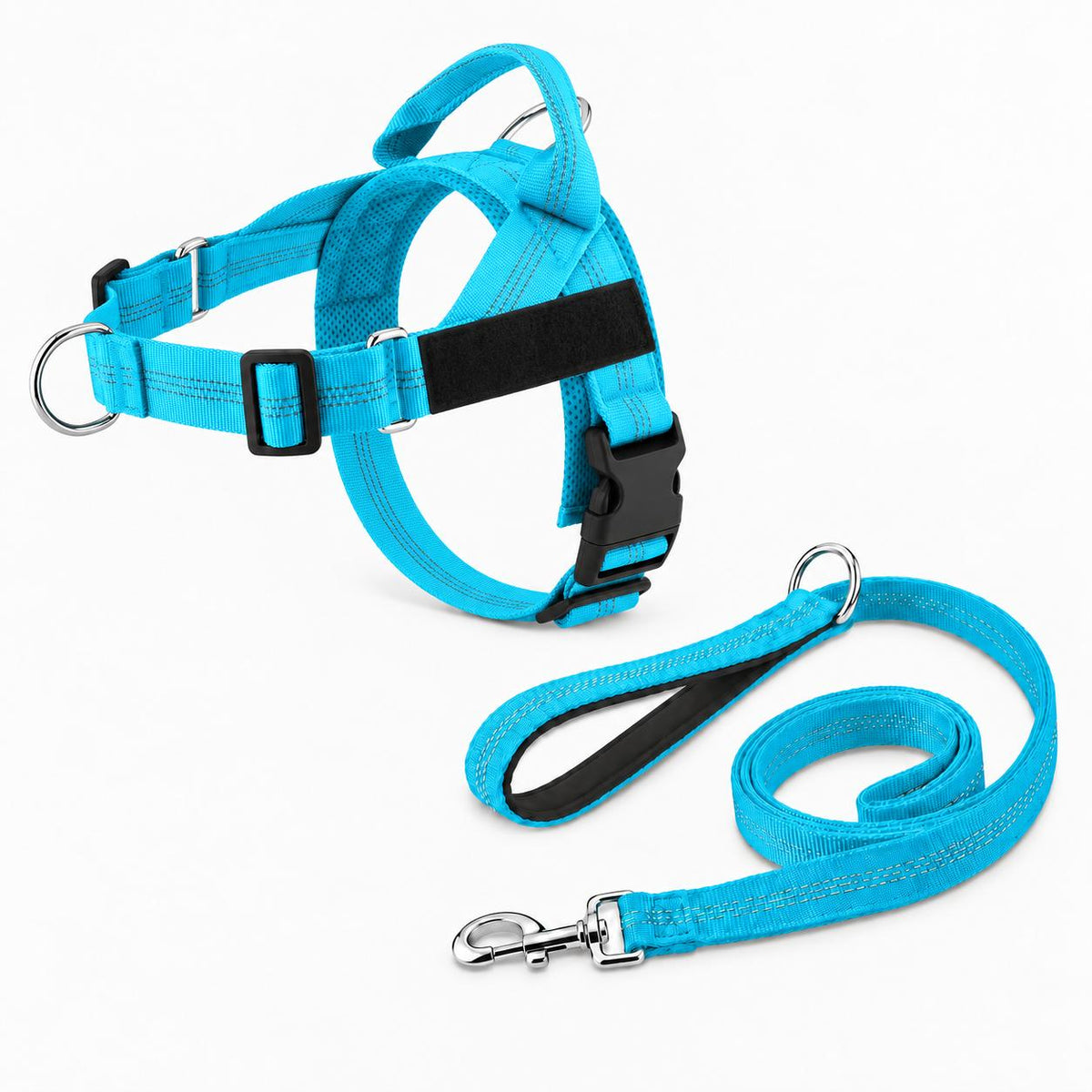 Harnais anti-traction chien bleu turquoise avec laisse assortie
