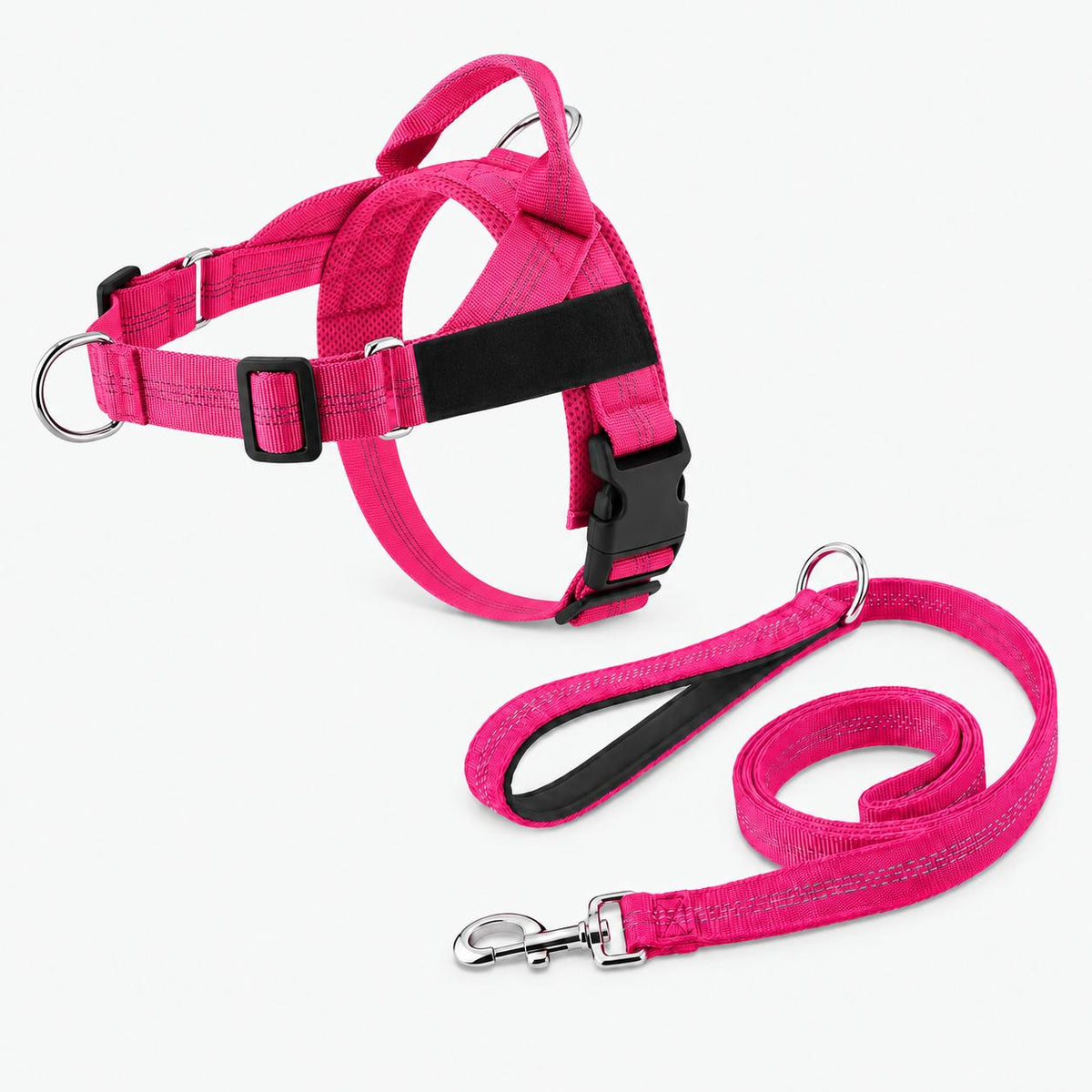 Harnais anti-traction chien rose fuchsia avec laisse assortie