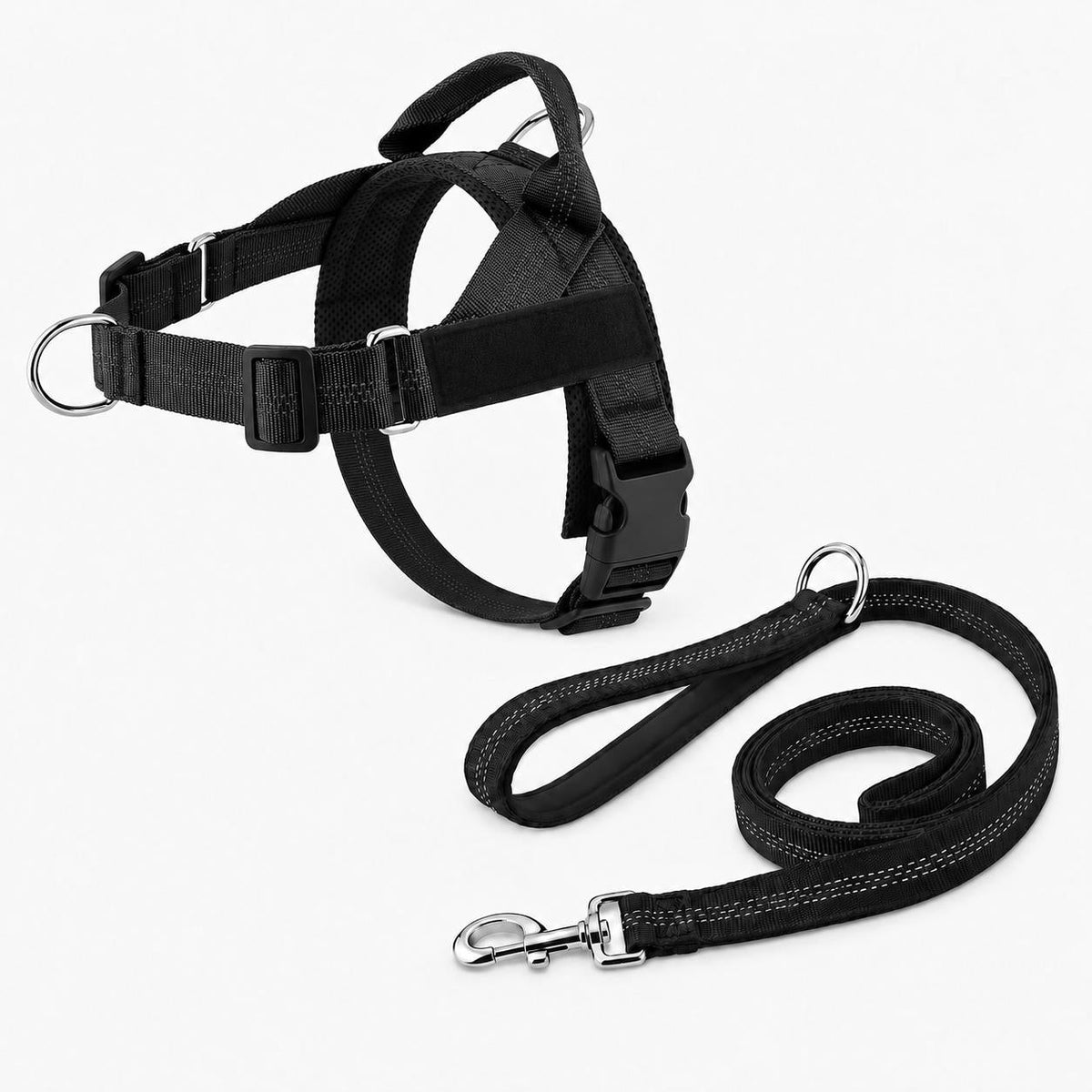 Harnais anti-traction chien noir avec laisse assortie
