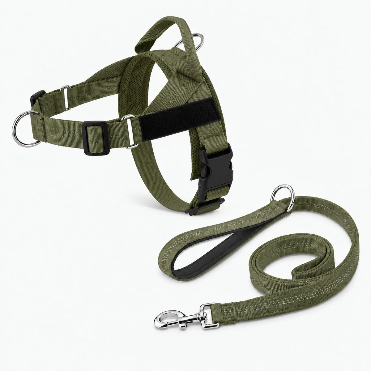 Harnais anti-traction chien vert kaki avec laisse assortie